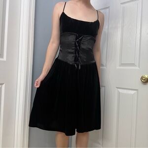 Vintage Dress Knee Length Velvet Lace Up Corset Goth Y2K Black Romantic Vampire